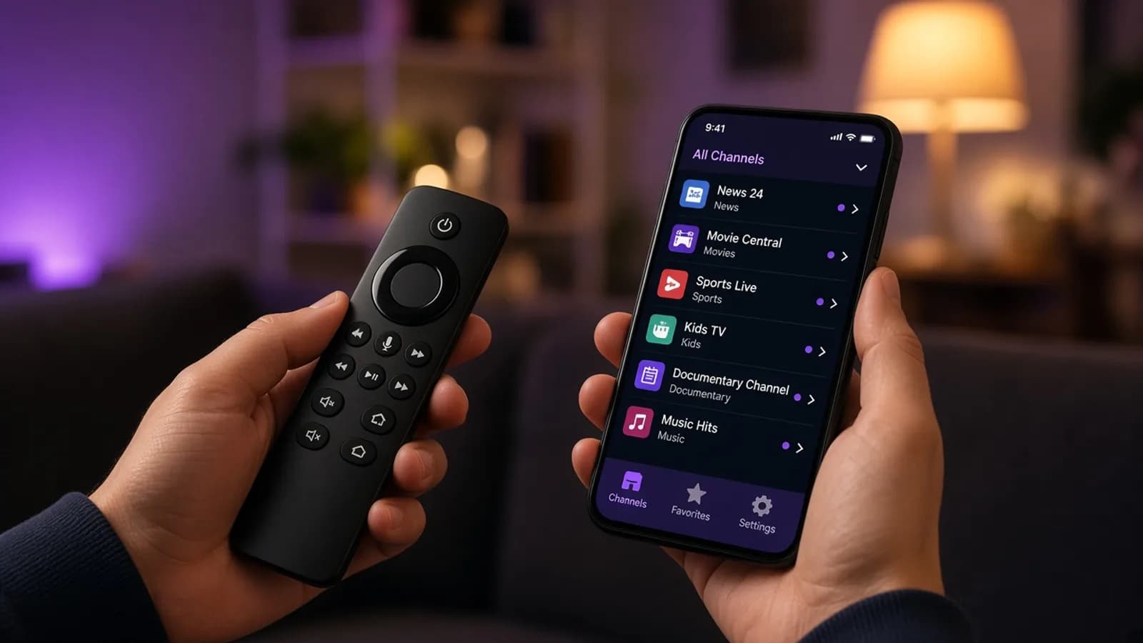 Fire Stick Remote und Handy mit Senderliste