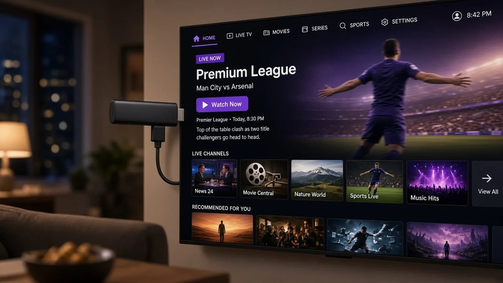 Fire Stick am TV mit IPTV Player Oberfläche